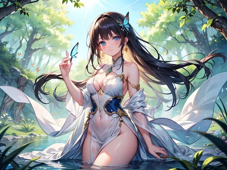 Amidst the clear stream in the lush woods,
A maiden sits gracefully, adorned in elegant attire.
Her silken fabric draped delicately,
A beauty profound, as if bestowed by the heavens.

She holds a crystal in her gentle hand,
Reflecting light like stars in t...