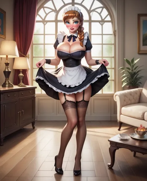 woman, ((Masterpiece, best quality)), full body view, bursting huge breasts, detailed skin, Anna from Frozen as a maid, maid clothes, clileaning the living room,  highly detailed, cinematic lighting, ultra realistic, blush, looking at viewer, anna, anna fr...