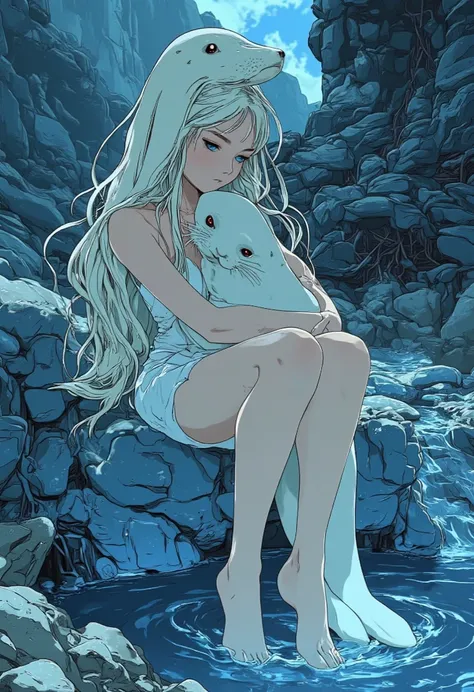 ((line-art Anime, manga aesthetic, highly detailed, vibrant colors, dynamic lighting, soft shading, 8k resolution, masterpiece)),(((1girl_seal:1.2)))A woman emerging from water, with a seal climbing up beside her to embrace her, symbolizing harmony and con...