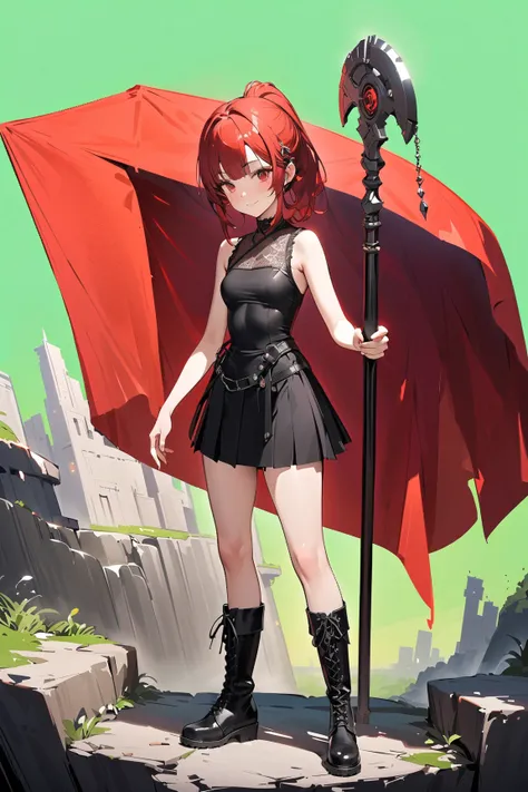 (green background:1.3), No wind, character sprite, wide shot, Break 
1 girl, (cute face), slender, Curious Look, light smile, , (petite), 150 cm tall,, Standing, full body, Red medium hair,  ponytail, red eyes, (small breasts:1.3), slim, black military Out...