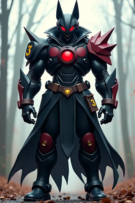  Megaman Dark Fantasy Wolf Ears , Azul Cero  ,  with a flowing black outfit with red details ,  that appears to be armor or a tactical suit . A id robot in the style of metal gear  ,  carries a katana ,  He wears an open camouflaged coat  ,   camouflaged p...