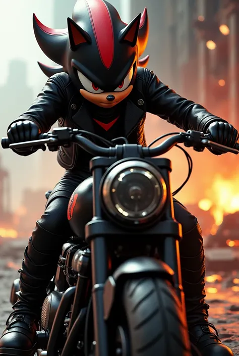 Shadow the hedgehog wearing a leather jacket with black lenses while riding a motorcycle with a shotgun in his hand and explosions behind 