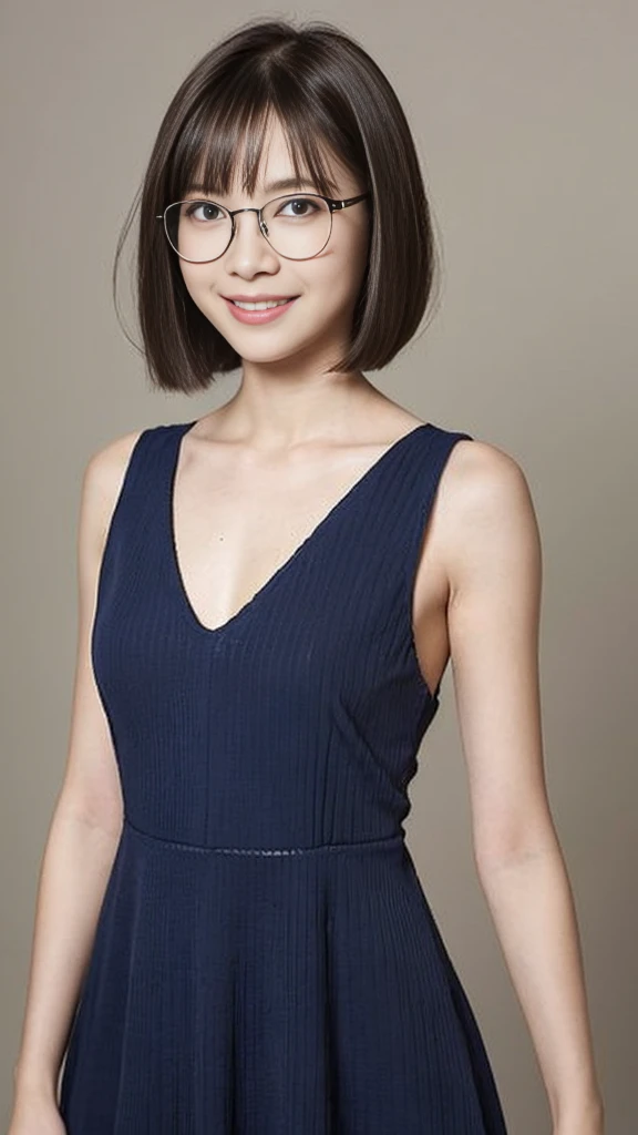 ( top quality :1.5), ( real:1.4), ( Ultra Fine:1.4), (1girl), (18-years-old girl), (normal body), (normal size breasts), ( dress), (normal height), (bangs), ( bob cut), (Glasses), (smile), (girl with glasses is standing front the plain background), ( cowbo...