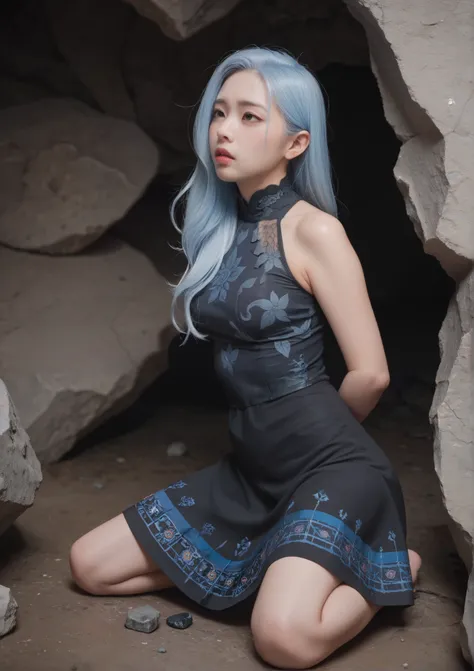 Ultra high quality, masterpiece, 8k,  Korean girl, Inside the cave, sealed,  kneels ,  rock with a grotesque pattern, Obscure , Black clothes, matted light blue hair, bind,  big boobs, restrained