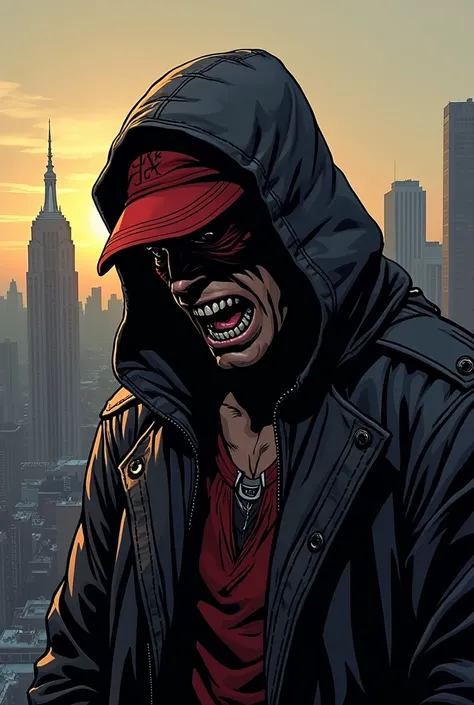 REALISTIC ILLUSTRATION OF HIGH GRAPHICS MODERN COMIC STYLE  , Shadow covering his face,  with red hair in the shadows , red cap and dark gray hood , On the roof ,   in the background New York City,   furious very angry ,  outraged realism 