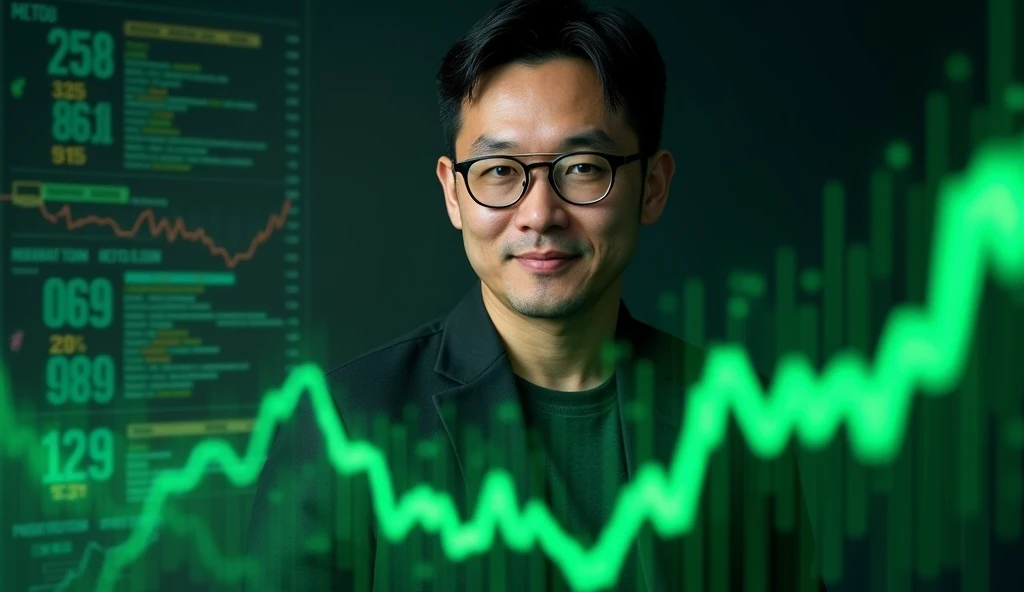 Create a thumbnail in which the green stock graph of tesla shares going up and Tom Lee face on it 