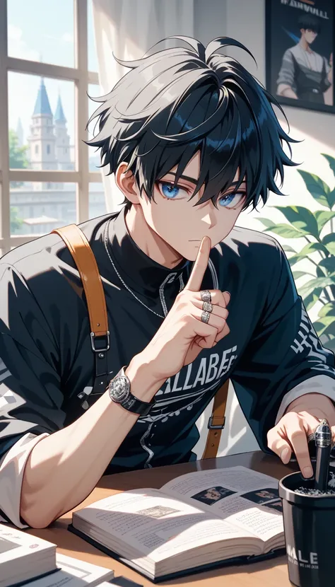 score_9, score_8_ up, score_7_ up,((8k)),1boy,blacl hair,dark blue eyes,Nagi-kun,One blue moonstone ring on the finger,Minimal