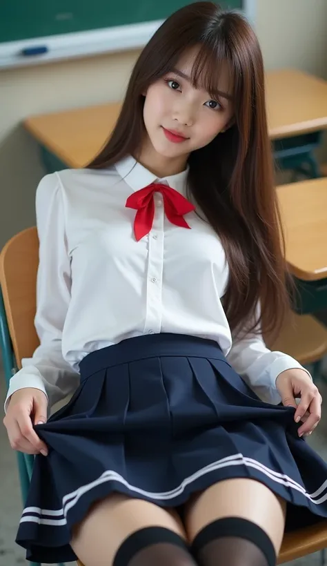 A full body shot photograph of a young, beautiful Asian woman with long, brown hair with bang. She is wearing white collar crisp blouse with red ribbon tied that emphasize her extremely huge breast, pairing with navy blue short_pleated_skirt with white tri...