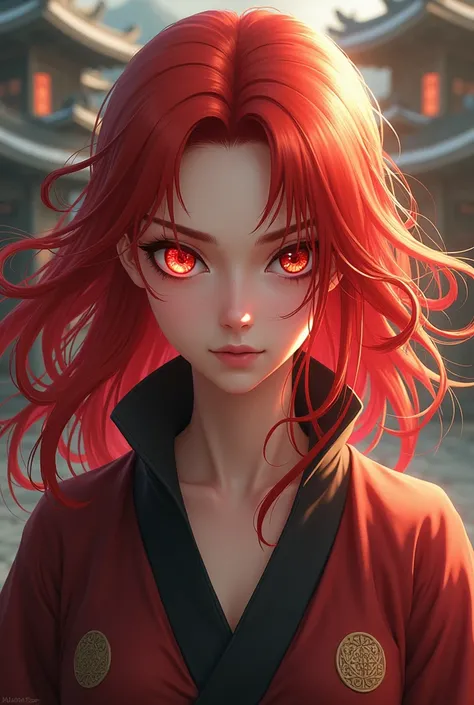 female character in anime naruto, red hair, and eyes that have byakugan and sharingan eyes.