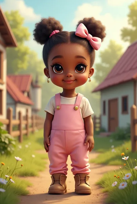  A beautiful little black baby with a bow on her head ,  honey-colored eyes  , she is happy,  dressed in pink clothes ,   she is on a farm  , She is standing and wears boots  . Straight and tied hair ,  she looks like a beautiful doll  