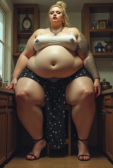 31 year old aggressive sadist-domina caucasian gigantic-monster giantess, wearing plain tanktop and polka-print slit-skirt, wide hips,Big thighs, broad torso, enormous round boobs, massively disruptive ginormous size/proportions full-figure Giant Voluptuou...