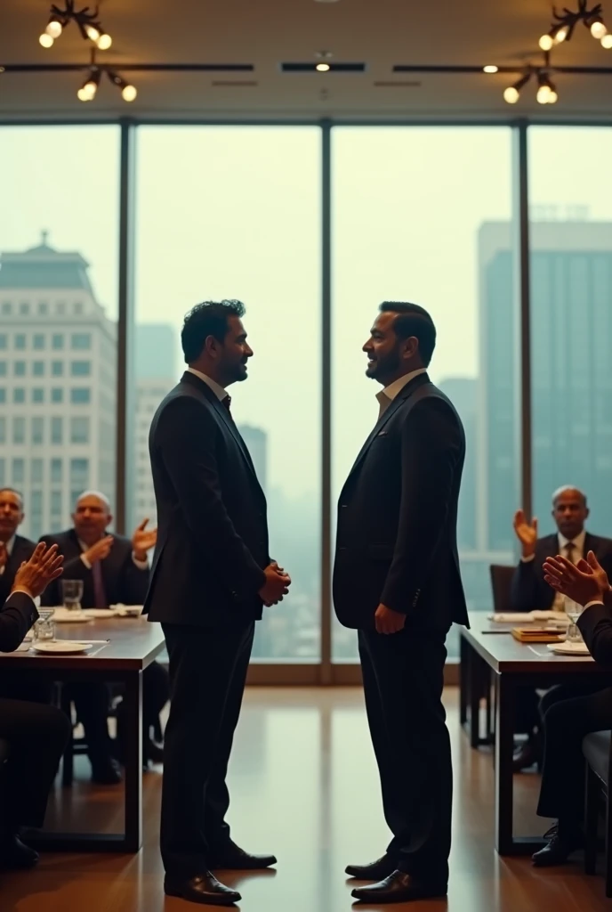 [A grand office overlooking the bustling city. Raj and Amit stand in a large conference room with their employees, all clapping and cheering. A banner on the wall reads, "Celebrating Our 500th Client."]

