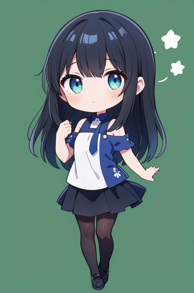 1girl, shoulder-length straight black hair, chibi, Wear a light blue shirt, a black tight skirt, and black tights, full body, green background