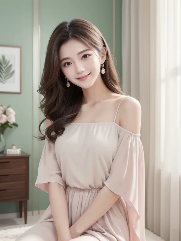 highest quality、4K、Perfect Face、Perfect Style、perfect body、Sunburn、beautiful lady、mature、long curly layer hair、Swept-back hair、full body, sexy 、charming、healthy、Big laugh、with puppy
BREAK Pastel color, soft shadows, flat composition, focus on the center ci...