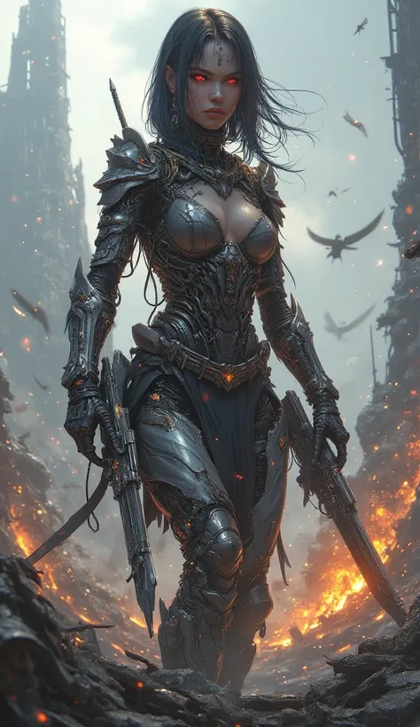 Sci-fi style, cyborg female, warrior female, battle, 