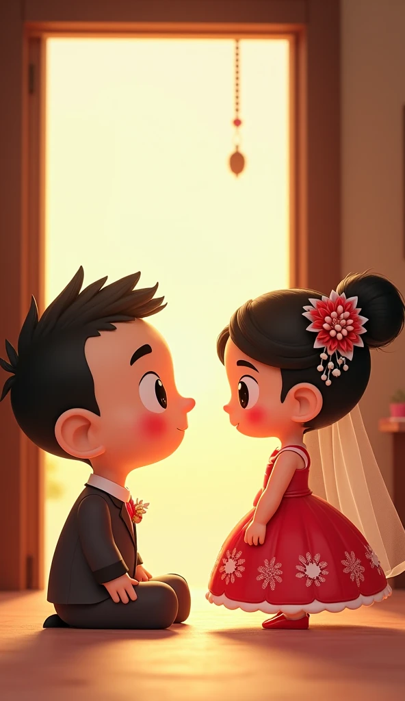 A protective elder brother cartoon character sitting near the doorway, while his little sister, the bride, stands nearby in her tiny red bridal outfit. Both characters are depicted as cute ren with exaggerated, round faces."