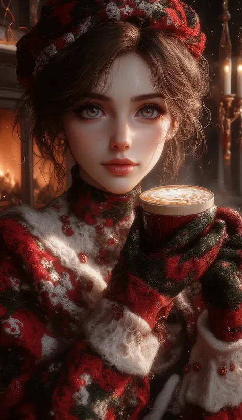 A beautiful woman with beautiful eyes:1.2, detailed eyes, beautiful full lips, highly detailed eyes and faces, long eyelashes, cute expression, smile, sitting:1.4, holding a cup of hot latte, homely background, Christmas sweater, fireplace, warm light, det...