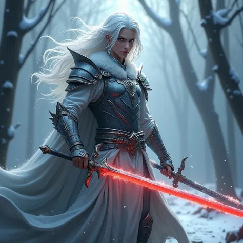 Most beautiful boy, hot and, background frost,  right holding a holy sword , left holding dark sword, giving really cool pose, fantasy clothes, luxurious fantasy clothes, fantasy Armor clothes, fantasy royalty clothes, white hair, long hair for boys, hair ...