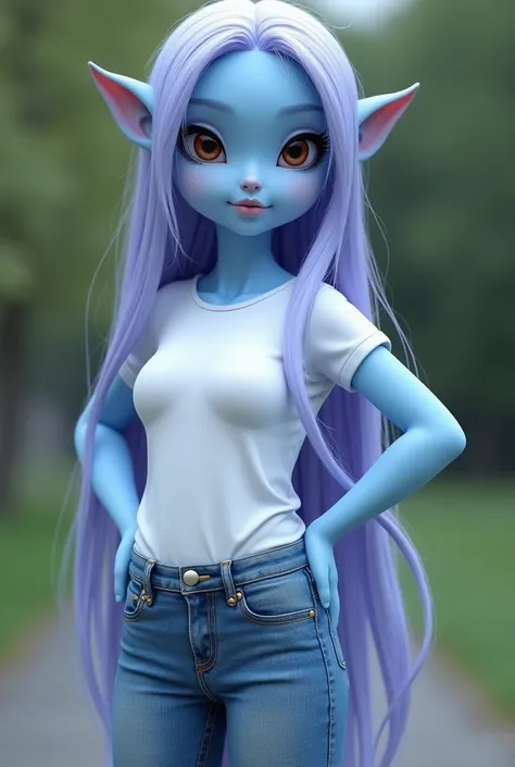 beautiful blue alien model, irreverent figure, long straight hair, combed hair, light lilac hair, smooth blue skin, bright brown eyes, delicate makeup, blue lips, light eye makeup, ((basic white t-shirt and jeans)), t-shirt, jeans, black boots, anime style...