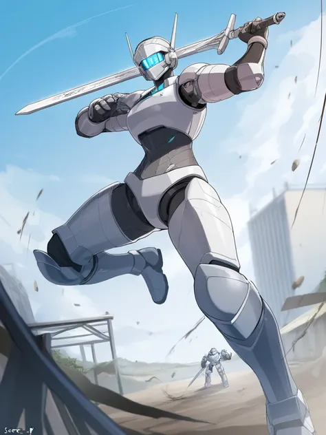 masterpiece,best quality,very aesthetic,highres,Robot Gladiator, swinging a sword,Outdoor,