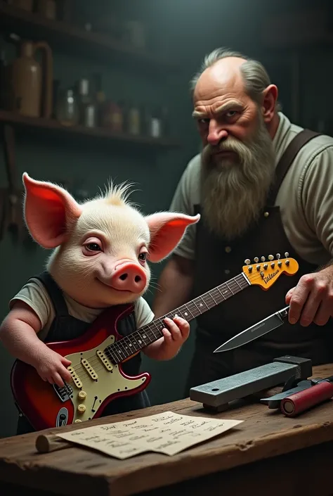 A pig learning to play electric guitar by notes  is watched by a mean butcher sharpening his knifes 