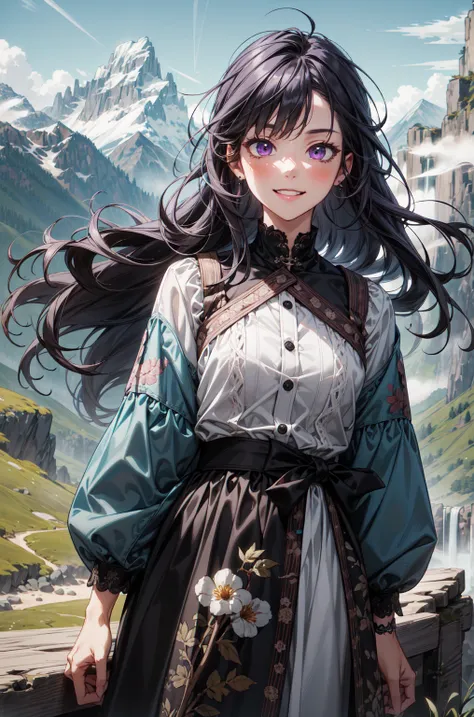 (absurdres, highres, ultra detailed, masterpiece, best quality), cowboy shot, dutch angle, finely detailed eyes and detailed face, intricate details, complex background, cinematic lighting, 1girl, solo, lob hair,  long black hair, purple eyes, majestic pea...