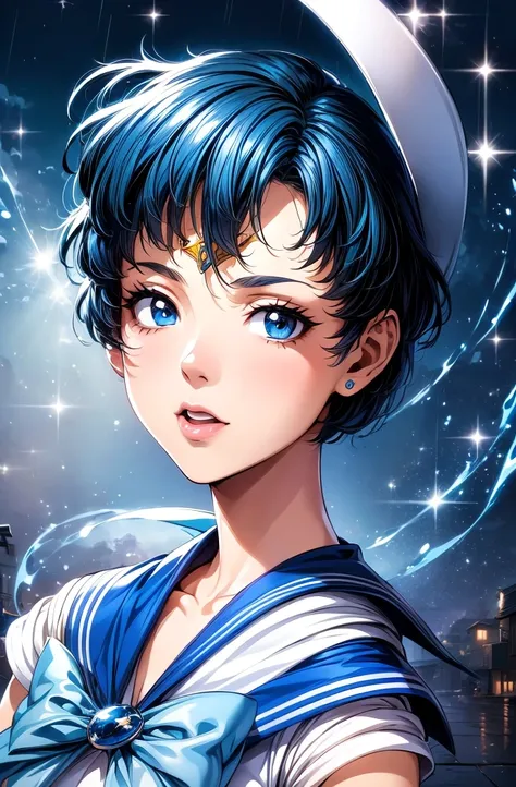 a girl, sailor mercurio, short blue hair, sailor outfit, Blue theme, nn detailed face and eyes ,  long eyelashes ,  warm lighting ,  film composition,  vibrant colors, arte digital, highly detailed, photorealistic ,  masterpiece