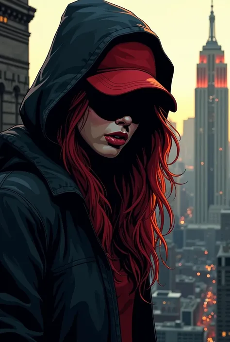 REALISTIC ILLUSTRATION OF HIGH GRAPHICS MODERN COMIC STYLE  , Young shadow woman covering her face,  with red hair in the shadows , red cap and dark gray hood , On the roof ,   in the background New York City,   furious very angry , indignant