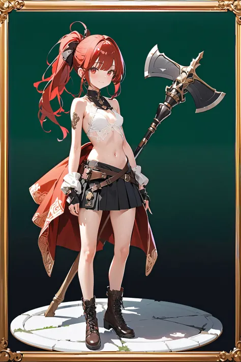 (green background:1.3), No wind, character sprite, wide shot, Break 
1 girl, (cute face), slender, Curious Look, light smile, , (petite), 150 cm tall,, Standing, full body, Red medium hair,  ponytail, red eyes, (small breasts:1.3), slim, black military Out...