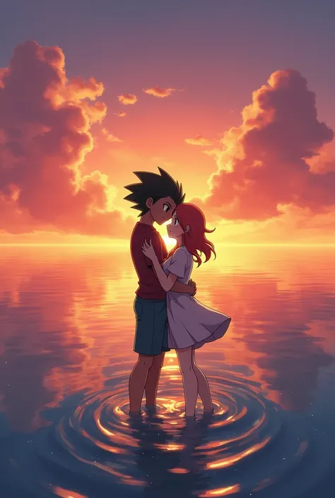 Ash and Dawn sharing an embrace in the ocean at sunset (Pokémon)