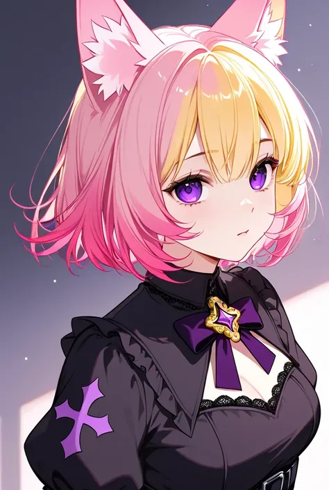 Waifu pink crow, NeneEfthy, one gold eye and one red eye ,  short hair with the tips facing out,  pink hair, gothic, With a feather like hair,Fox girl with yellow hair ,  fox ears ,  purple eyes and a purple cross brooch, 