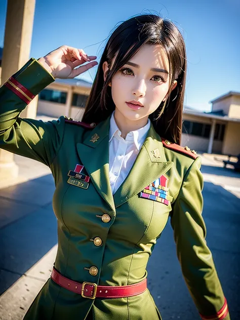 (( top quality )), ((masterpiece)), ( Details),  1 girl, (((Anime style military uniform))) , ((Upscale your face)) , Big Breasts , ((run)) ,((Looking at an angle)) ,