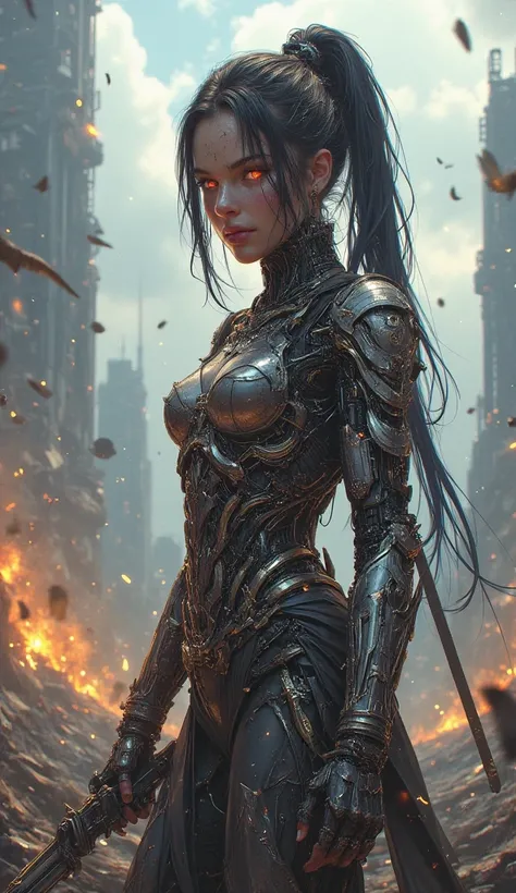 Sci-fi style, cyborg female, warrior female, battle, 