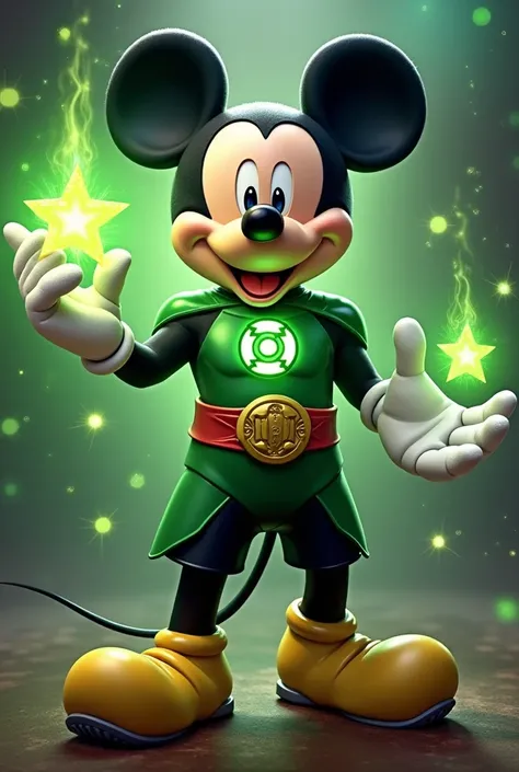 A realistic depiction of Mickey Mouse as a Green Lantern, combining his classic look with the strength and power of the Green Lantern Corps. Mickey’s suit is a vibrant green with accents of red, yellow, and white, inspired by his iconic outfit, while the G...