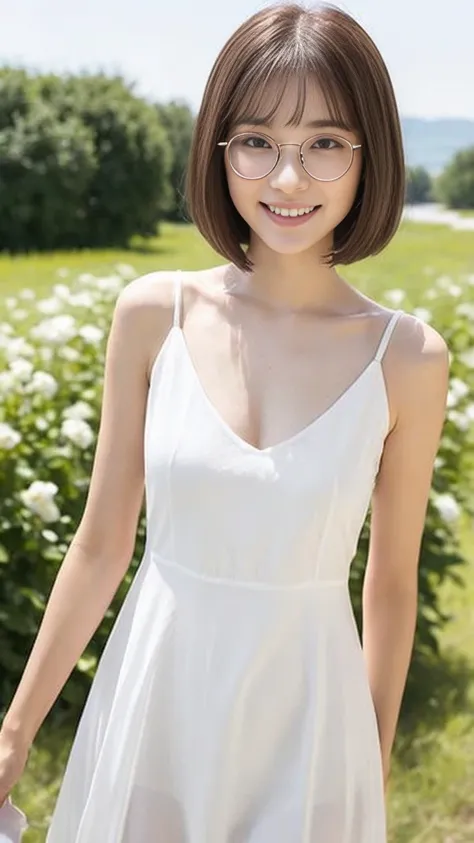 ( top quality :1.5), ( real:1.4), ( Ultra Fine:1.4), (1girl), (18-years-old girl), (normal body), (normal size breasts), ( white summer dress ), (normal height), (bangs), ( bob cut), (Glasses), (smile), (girl with glasses is standing front the plain backgr...