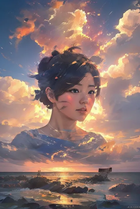  High Quality 、 8K ultra HD、女神のシルエットとサンセットコーストを組み合わせた美しい Double Exposure 、 the sunset coast acts as a background、 and its details have been captured by the goddess、Crisp lines、The background is monochrome、 sharp focus 、 Double Exposure 、By yukisakura、 Amaz...