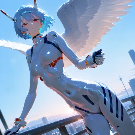 masterpiece,  top quality ,   great quality,  very aesthetic,  absurd,  up to date, 空中のscenery,  Rei Ayanami、 blue hair、 short hair、 red eyes、White plug suit,White Wings、 sky background , black light, watching viewers, Photorealistic ,  Dutch angle , maste...