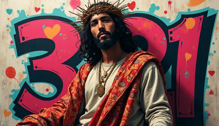 Jesus Christ dressed as a rapper wearing a crown of thorns and a wildstyle graffiti print with the text: **321** The image must have the name **RAFAEL LAJE** graffitied on it