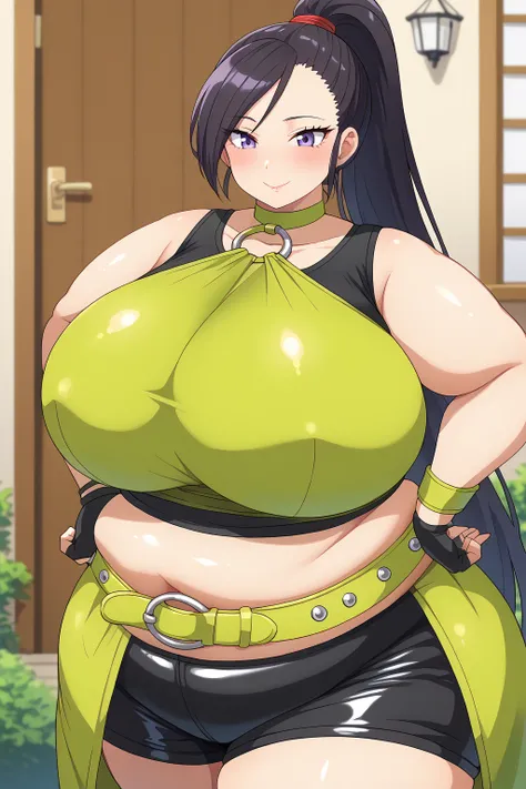 dragon_Quest martina , Martina、 long hair、 ponytail、 purple eyes、 black hair、 shoulder out、 ((( Yellow-green Crop Top, black tank top, yellow-green choker ,silver o-ring top , midriff,Breast Covered in Clothes ,  black latex shorts, Yellow-green waist wrap...