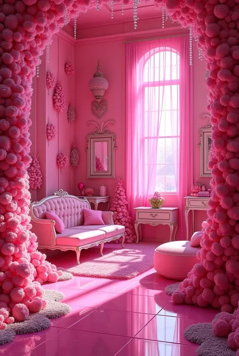 A landscape of a pink room with beautiful rhinestone decoration in fashionable Bratz and Barbie style combined
