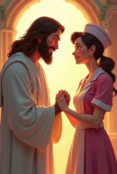 Disney cover with Jesus looking and holding hands with a nurse with freckles 