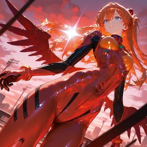 masterpiece,  top quality ,   great quality,  very aesthetic,  absurd,  up to date, 空中のscenery,  Shikinami Asuka Langley、 orange hair、 blue eyes、 red plug suit ,Red Corner、Red Wings、 sky background , black light, watching viewers, Photorealistic ,  Dutch a...