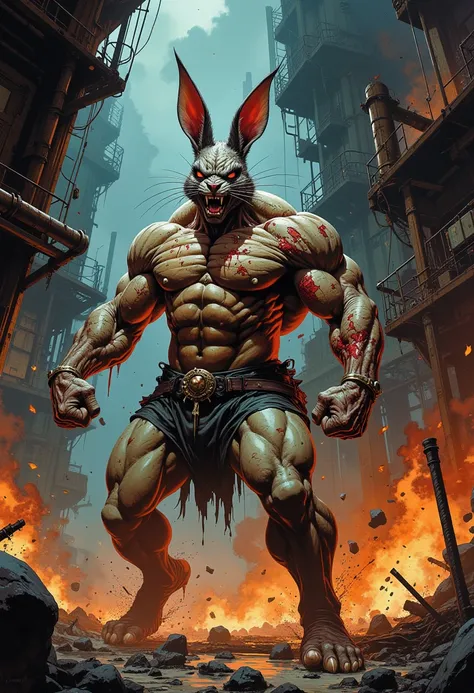 Rabbit with human body Bodybuilding athlete figure Powerful muscles Strong Six-pack Wounds Weapons Scary Gothic Fantasy Shouting Angry Dynamic movement Dark and dangerous industrial background Flames Smoke Fade into the legend Concept art by Carne Griffith...