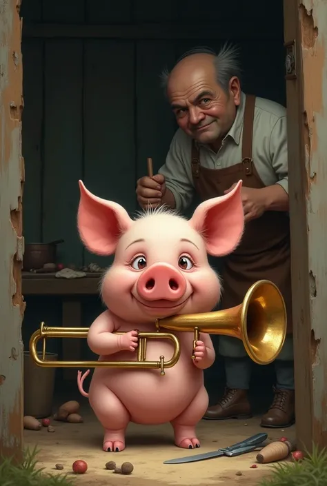 A pig learning to play trombone by notes  is watched by a mean butcher sharpening his knifes 