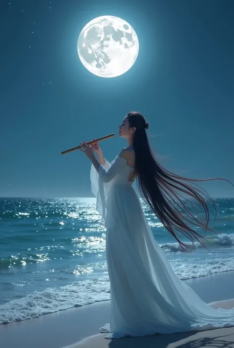  Moonlight Beach ，A Chinese beauty plays the flute lightly：The moonlight is bright，The waves gently hit the beach，A long-haired beauty stands on the beach，The sound of the flute drifts in the wind，The moonlight casts a silver glow on her，The ups and downs ...