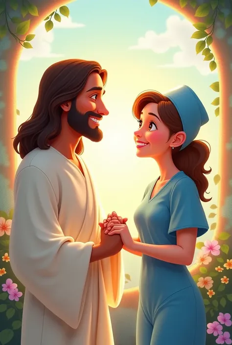 Animated Disney cover with smiling Jesus looking and holding hands with a smiling nurse 