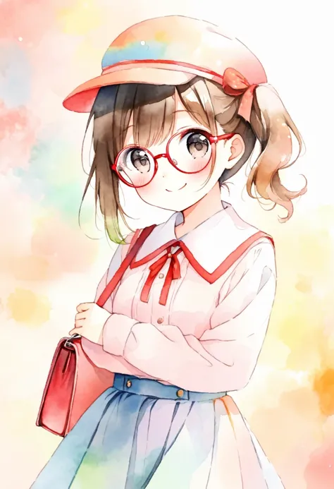 (ultra detailed:0.7), cover image, (soft pastel tones, watercolor, (bright color:1.3), transparent, gradation, harmonious and calm atmosphere:1.1), 1girl, , Elementary school girl, brown hair, big eyes, black eyes, ((red round eyewear)), side ponytail, smi...