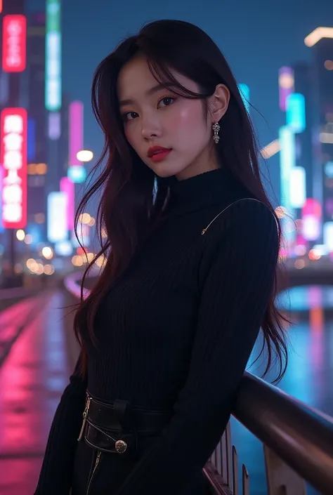 Beautiful Korean woman wears professional model pose sweater and night city 