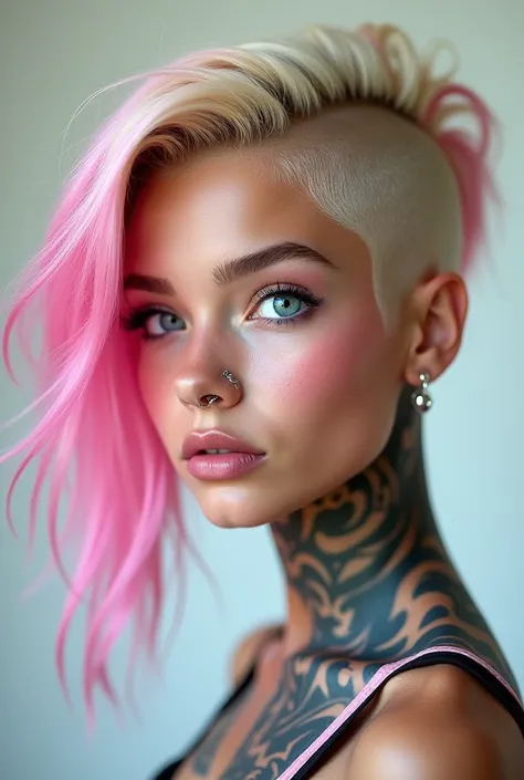 17-year-old white-eyed blue-eyed blond hair painted in pink with nose piercing and tribal tattoo on the neck and hair shaved on the sides 