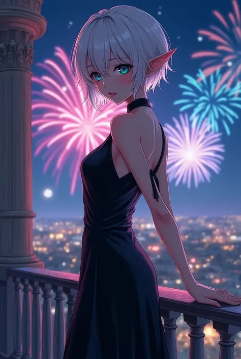  anime style , adult woman short white hair,  elf with a blue right eye and a green left eye,about 22 years old wearing a beautiful elegant black dress,on a balcony of a building on a beautiful night watching beautifully colored fireworks